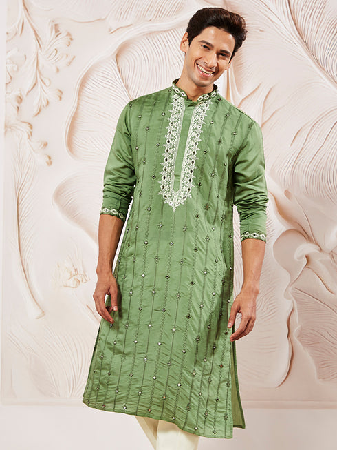 Men's Mint Green Silk Blend Kurta